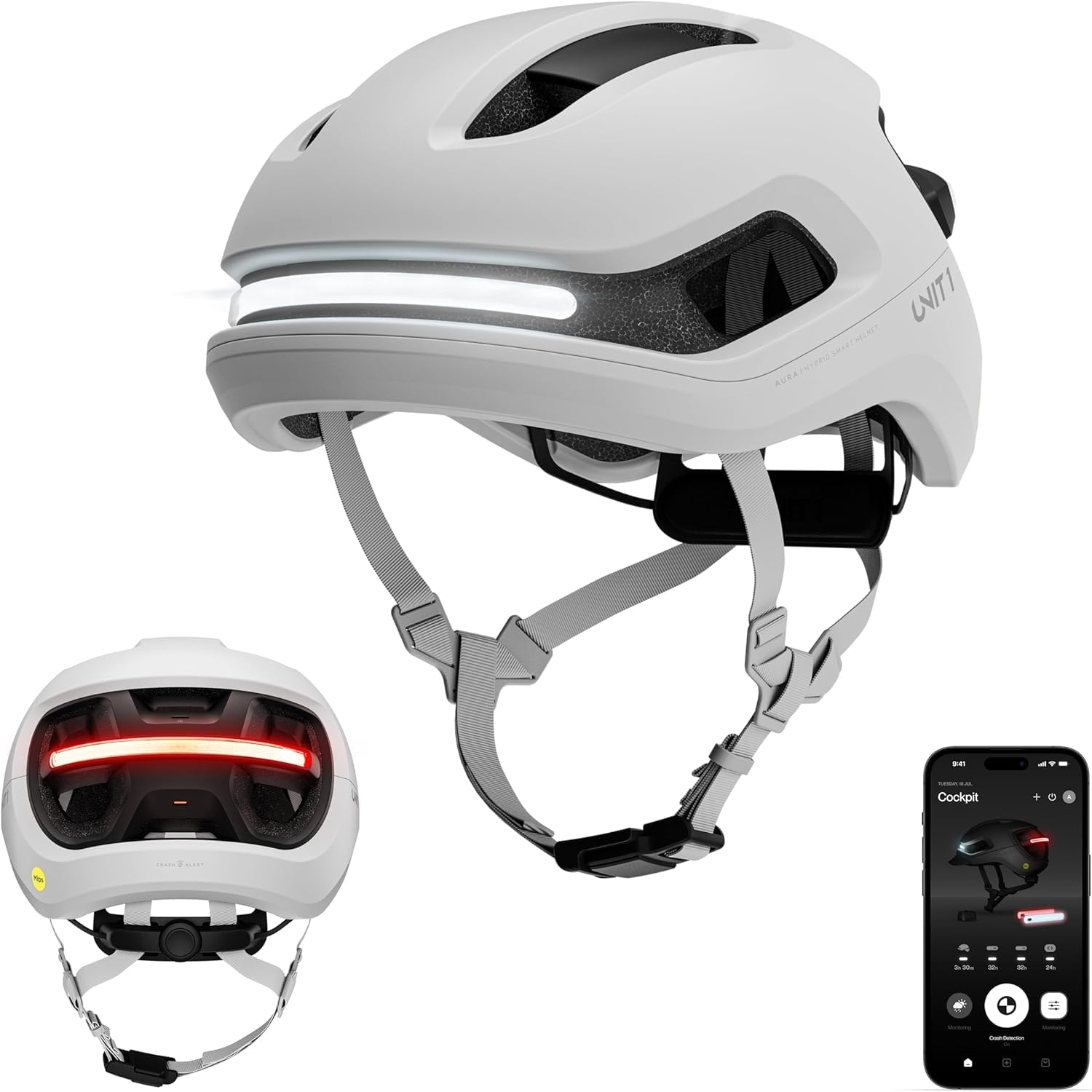 UNIT 1 Aura Hybrid Smart Bike Helmet | Urban & Road | MIPS | LED Front & Rear | Turn & Brake Light Compatible w/Remote | Crash Alert | E-Bike Fully Certified | Lightweight & Ventilated | App