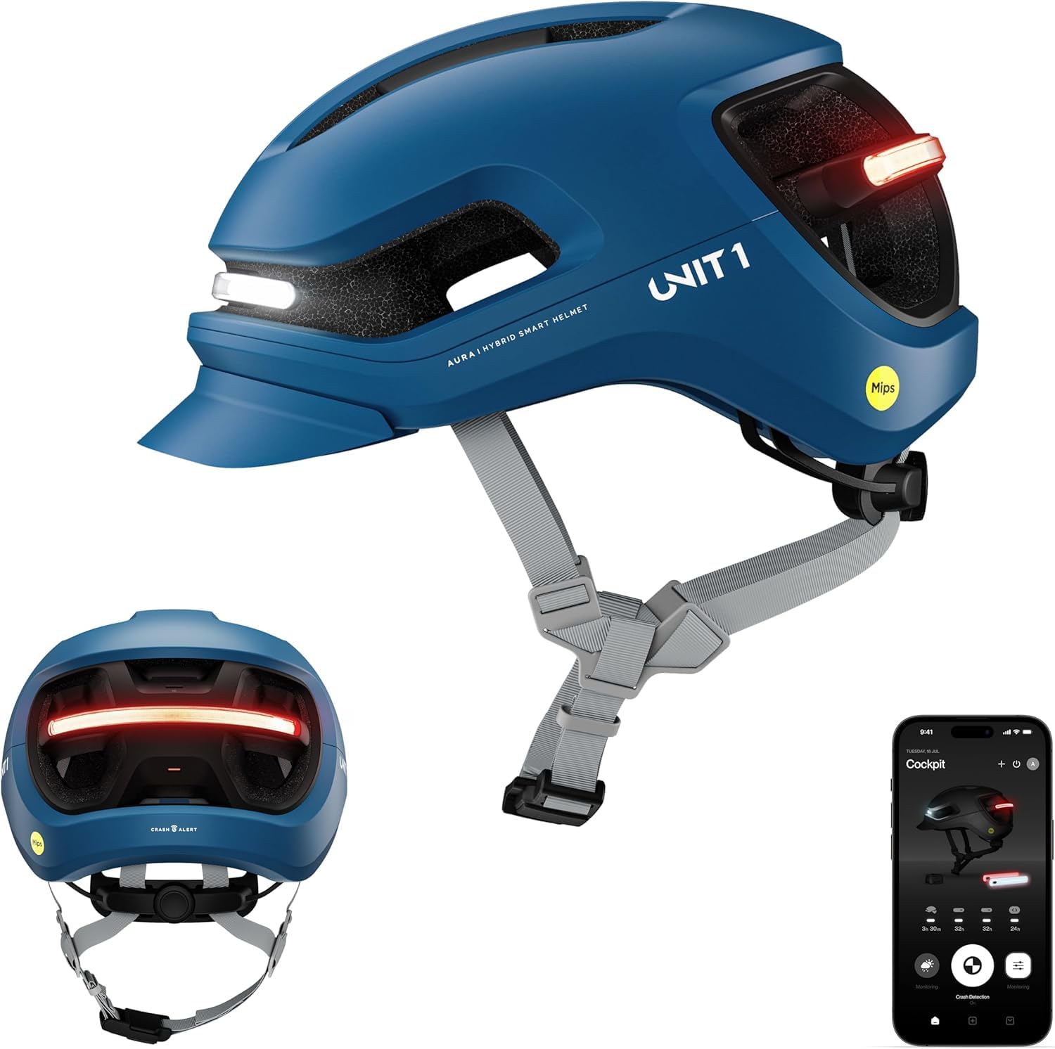 UNIT 1 Aura Hybrid Smart Bike Helmet | Urban & Road | MIPS | LED Front & Rear | Turn & Brake Light Compatible w/Remote | Crash Alert | E-Bike Fully Certified | Lightweight & Ventilated | App