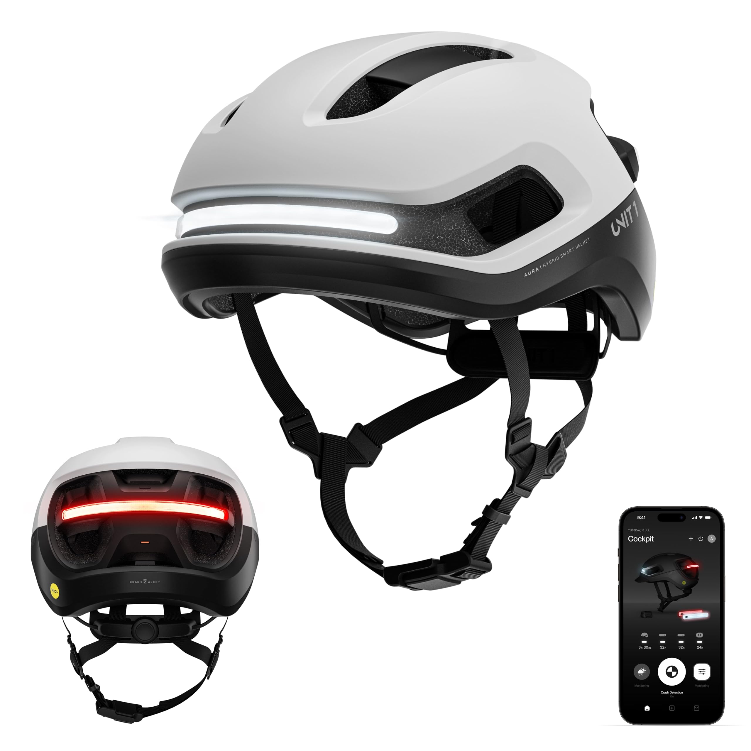 UNIT 1 Aura Hybrid Smart Bike Helmet | Urban & Road | MIPS | LED Front & Rear | Turn & Brake Light Compatible w/Remote | Crash Alert | E-Bike Fully Certified | Lightweight & Ventilated | App