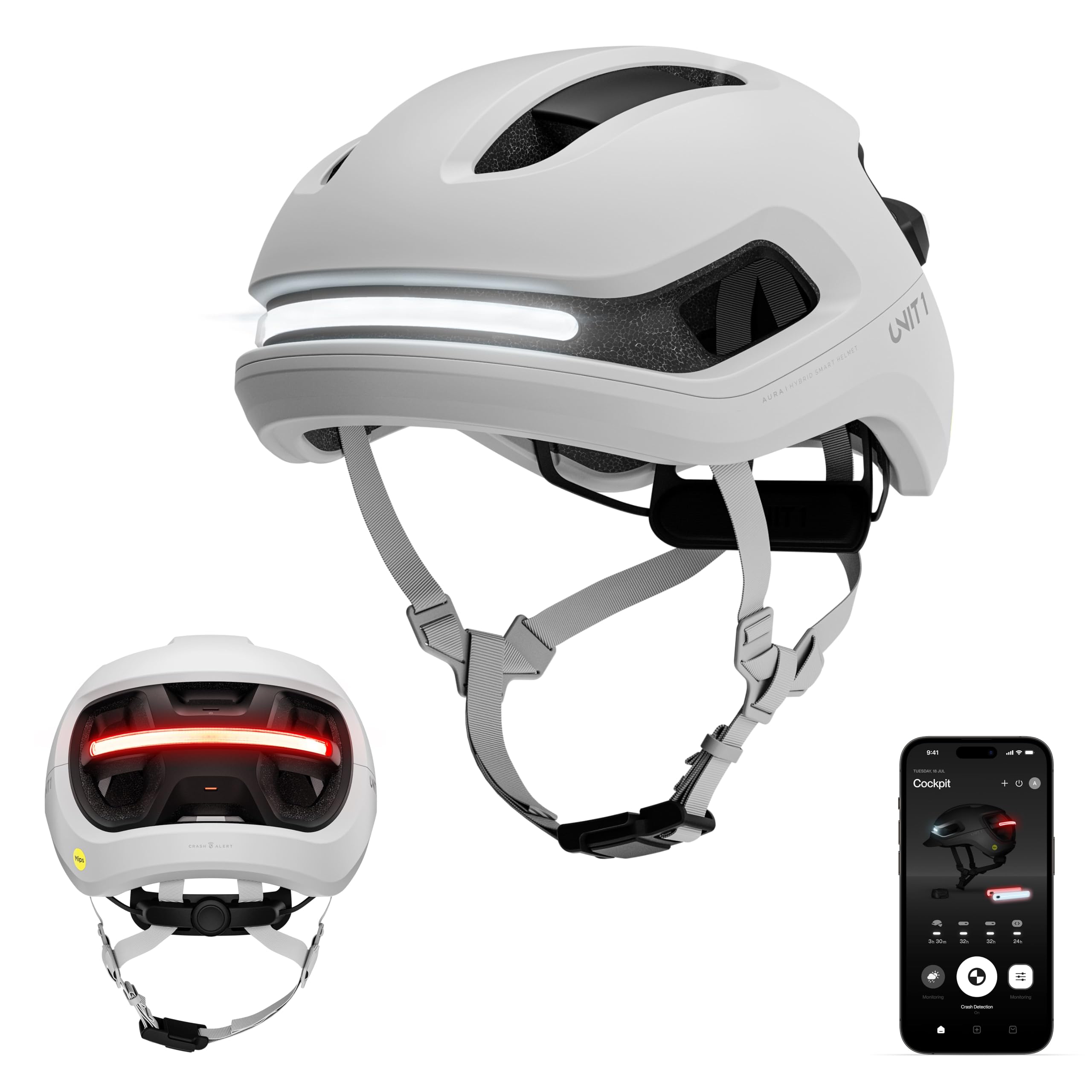 UNIT 1 Aura Hybrid Smart Bike Helmet | Urban & Road | MIPS | LED Front & Rear | Turn & Brake Light Compatible w/Remote | Crash Alert | E-Bike Fully Certified | Lightweight & Ventilated | App