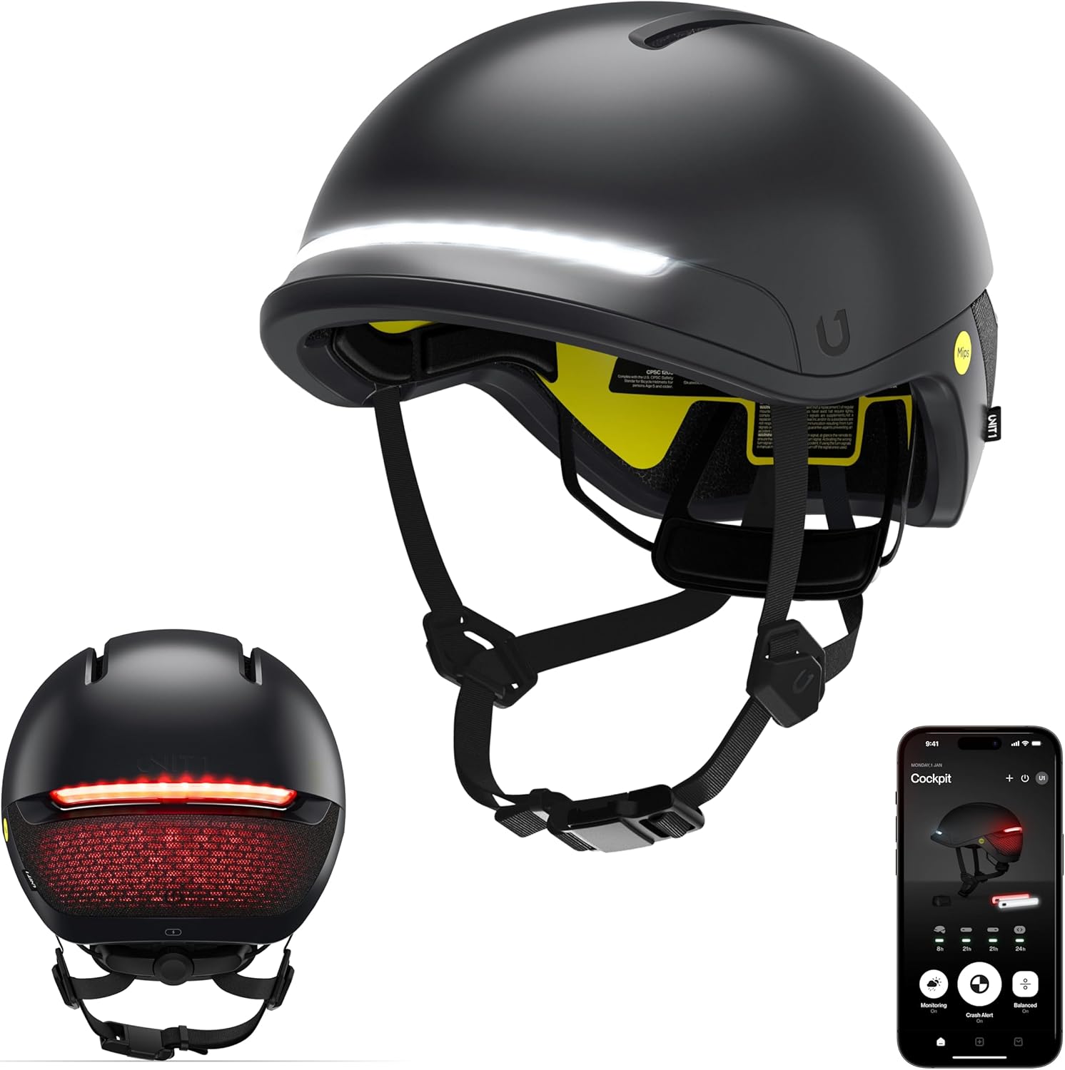 UNIT 1 FARO Smart Bike Helmet | MIPS | Front & Rear LED Lights | Crash Alert | Turn Signals & Brake Lights Compatible w/Nav Remote | Bike & E-Scooter Certified | iOS & Android App