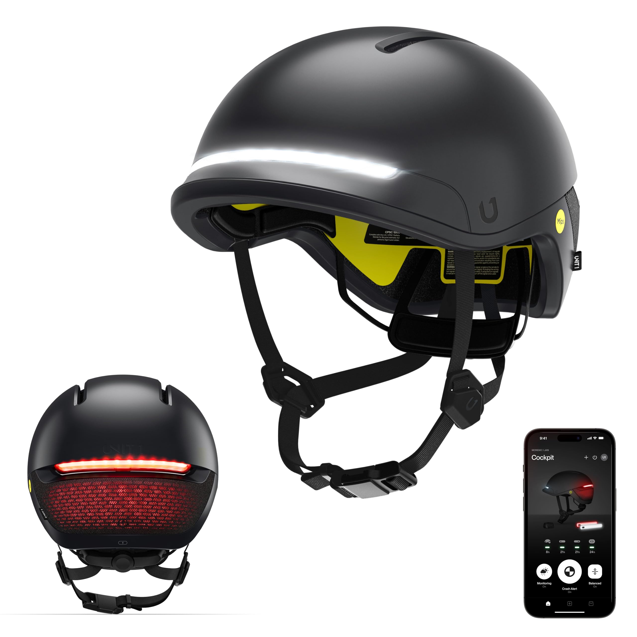 UNIT 1 FARO Smart Bike Helmet | MIPS | Front & Rear LED Lights | Crash Alert | Turn Signals & Brake Lights Compatible w/Nav Remote | Bike & E-Scooter Certified | iOS & Android App