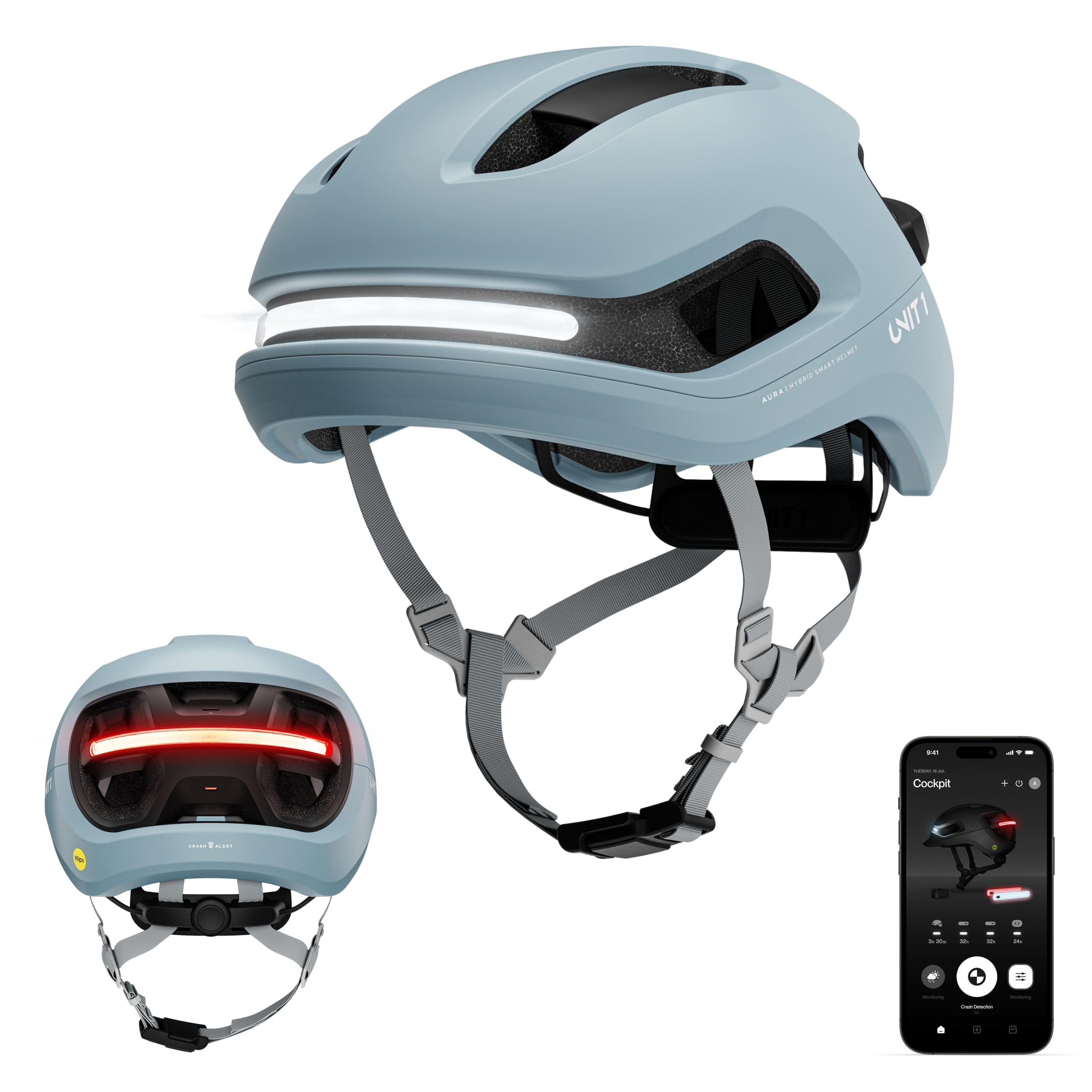 UNIT 1 Aura Hybrid Smart Bike Helmet | Urban & Road | MIPS | LED Front & Rear | Turn & Brake Light Compatible w/Remote | Crash Alert | E-Bike Fully Certified | Lightweight & Ventilated | App