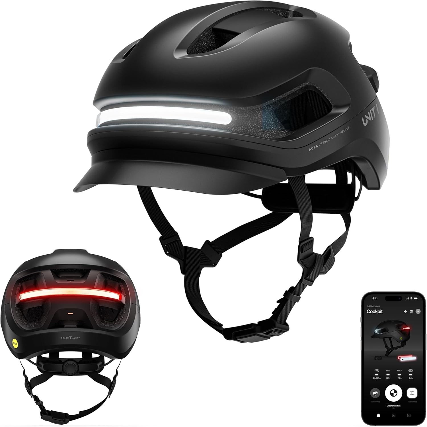 UNIT 1 Aura Hybrid Smart Bike Helmet | Urban & Road | MIPS | LED Front & Rear | Turn & Brake Light Compatible w/Remote | Crash Alert | E-Bike Fully Certified | Lightweight & Ventilated | App