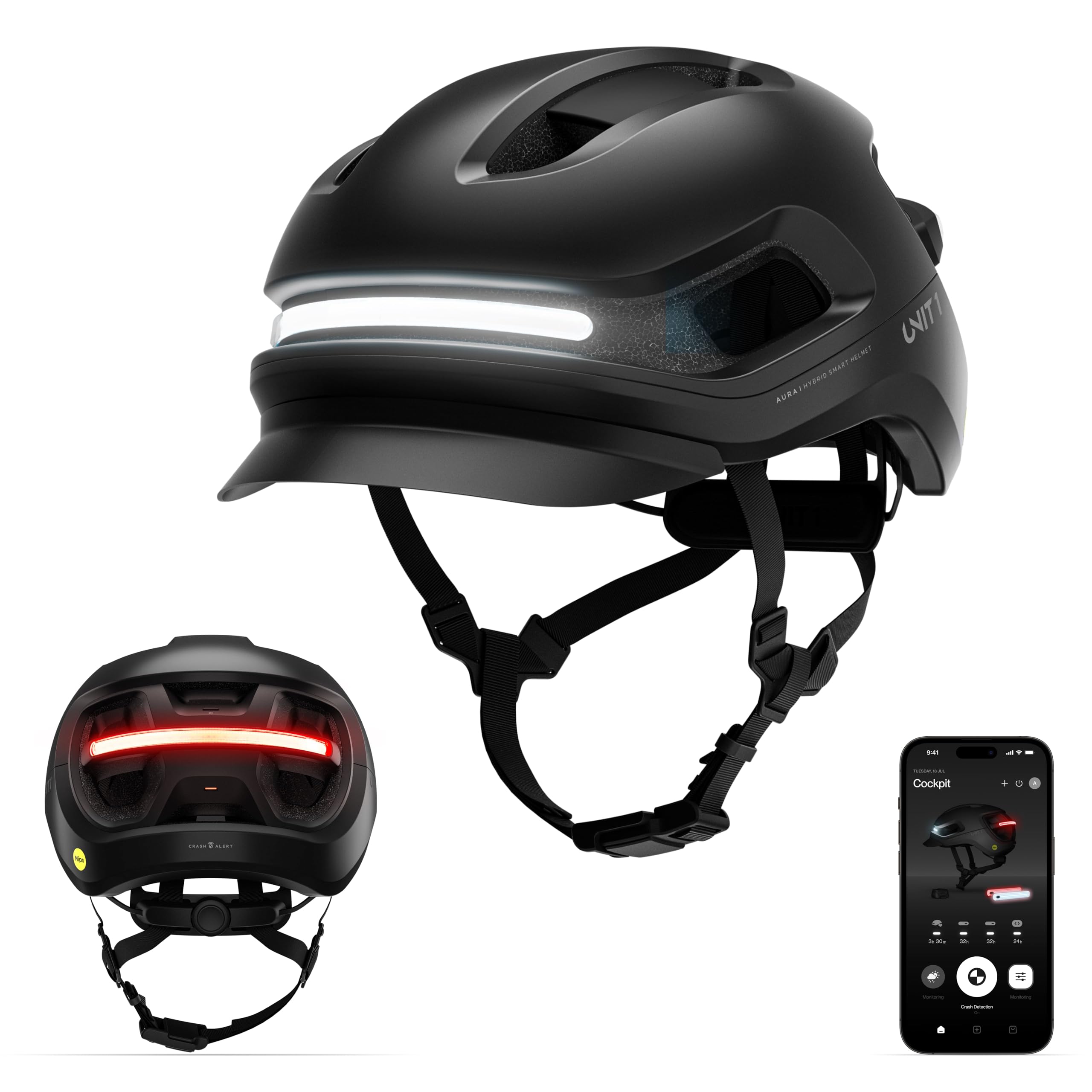 UNIT 1 Aura Hybrid Smart Bike Helmet | Urban & Road | MIPS | LED Front & Rear | Turn & Brake Light Compatible w/Remote | Crash Alert | E-Bike Fully Certified | Lightweight & Ventilated | App
