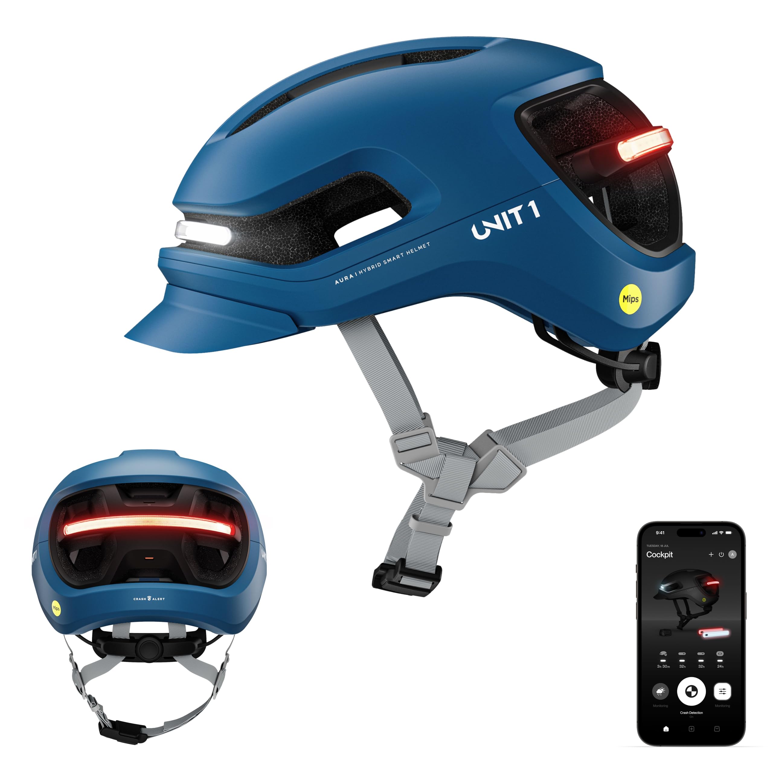 UNIT 1 Aura Hybrid Smart Bike Helmet | Urban & Road | MIPS | LED Front & Rear | Turn & Brake Light Compatible w/Remote | Crash Alert | E-Bike Fully Certified | Lightweight & Ventilated | App