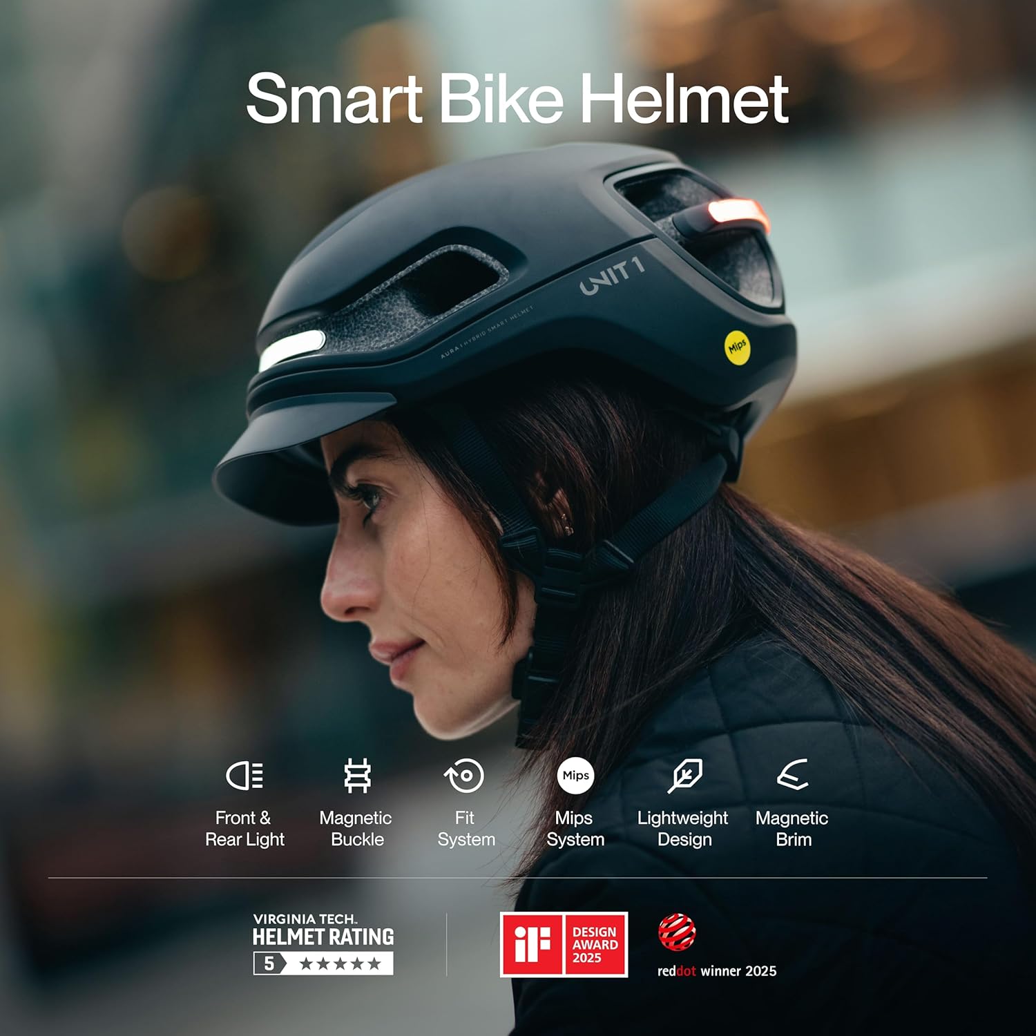 UNIT 1 Aura Hybrid Smart Bike Helmet | Urban & Road | MIPS | LED Front & Rear | Turn & Brake Light Compatible w/Remote | Crash Alert | E-Bike Fully Certified | Lightweight & Ventilated | App