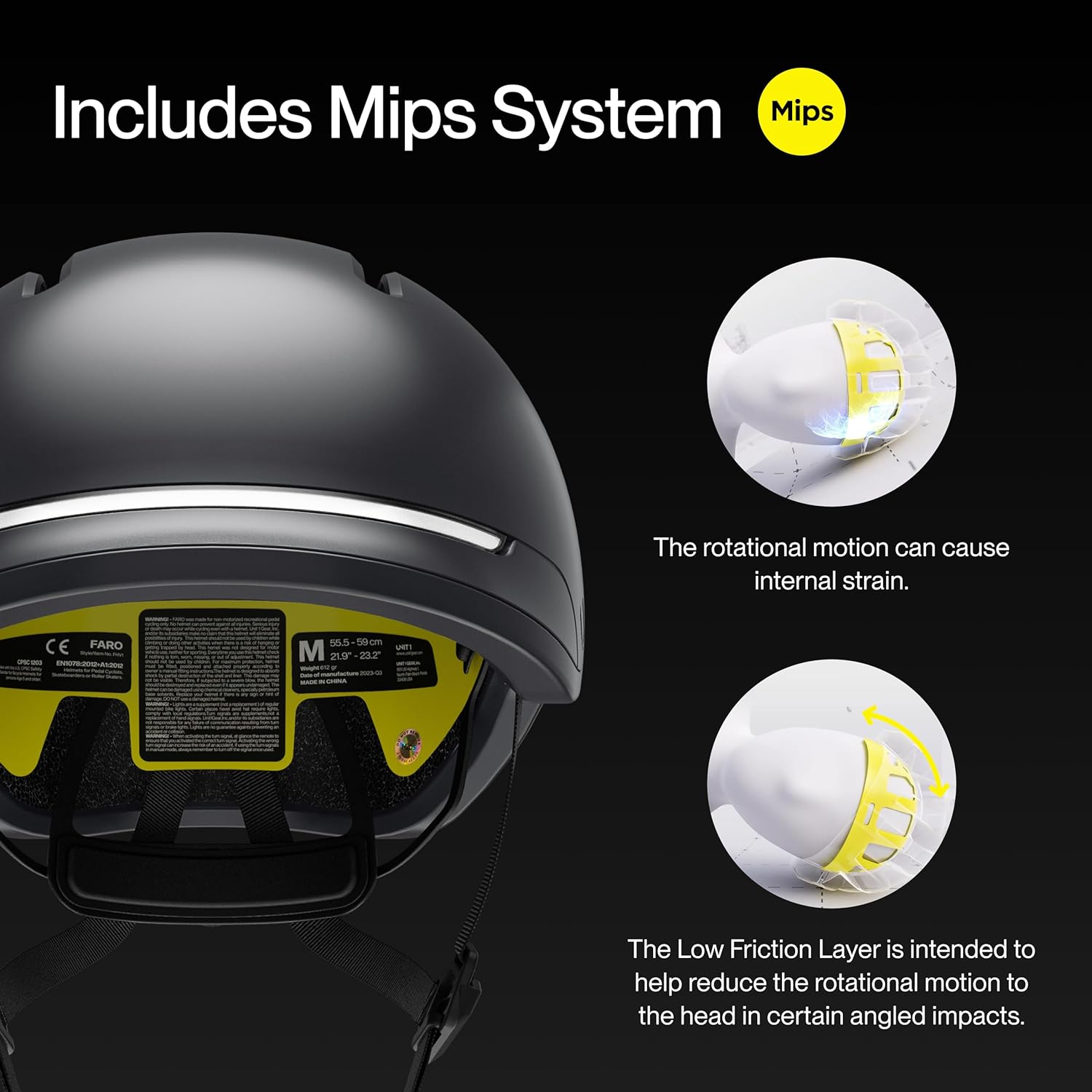 UNIT 1 FARO Smart Bike Helmet | MIPS | Front & Rear LED Lights | Crash Alert | Turn Signals & Brake Lights Compatible w/Nav Remote | Bike & E-Scooter Certified | iOS & Android App