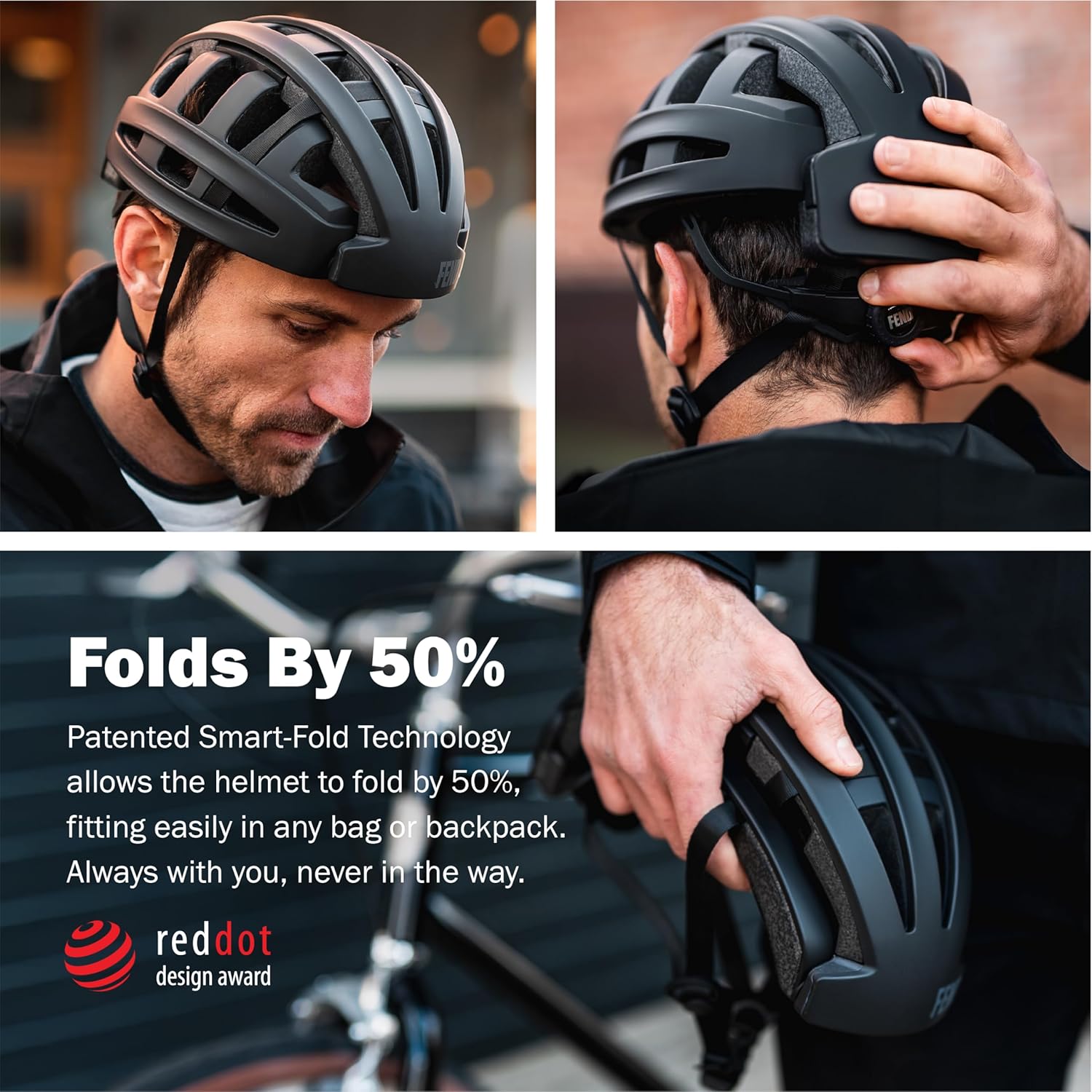 FEND One Foldable Bike Helmet – Patented Smart-Fold 50% Compact Design, Award-Winning Safety CPSC/EN1078 Certified, for Adults, Commuters, E-Bikes, Scooters